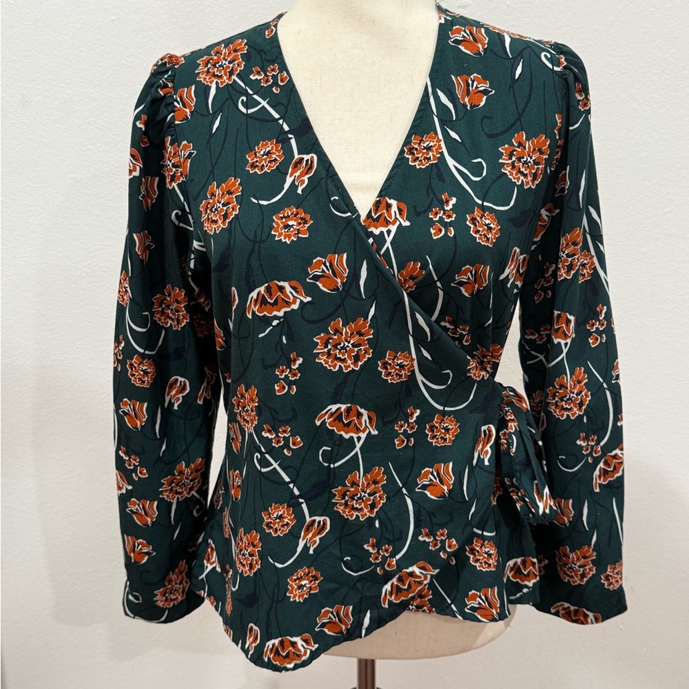Hazel Floral Wrap Blouse - Dark Green and Rust
